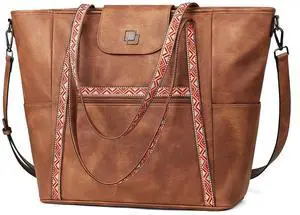 FADEON Large Laptop Tote Bag for Women Designer Leather Laptop Bag Fashion Travel Backpack Purse Shoulder Handbag Brown