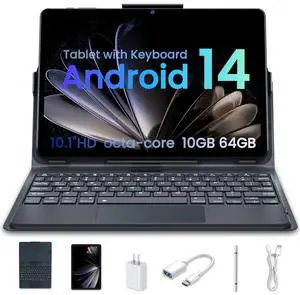 EHFiDC Tablet Android Tablets 64GB+10(4+6 Expand) GB 512GB Expandable, Octa-Core WiFi, 8000mAh Battery, 10.1 inch with 800MP Camera, with Keyboard Case, Stylus, Bluetooth (Black)