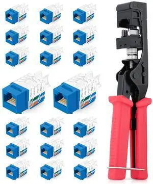 Everest easyJACK - 45° Angled Speed Termination Keystone Tool Set - with 20-Pack of RJ45 Cat6A Keystone Jacks in White (Slim Profile Design) - Time Saver Network Punch Down Tool Cat6A