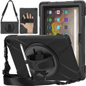 Fire HD 10 / HD 10 Plus 11th Generation 2021 Case, Shockproof Heavy Duty Rugged Cover with Kickstand/Hand Strap/Carrying Shoulder Strap for Amazon Fire HD 10 Plus 11th Generation 2021 Release - Black