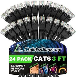 CableGeeker Cat 6 Patch Cables 3 ft (24-Pack) - Cat 6 Ethernet Cable, Snagless RJ45, Cat 5e Cat6 Patch Cable, Cat 6 Cable, 3 Foot Cat6 Ethernet Cables, Network Cable, Internet Cable - 3 Feet Black
