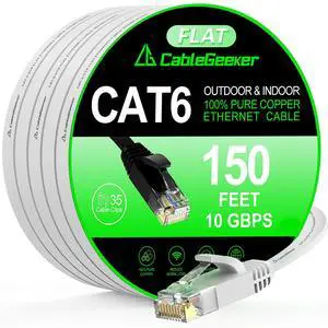 Cat 6 Ethernet Cable 150 ft, Indoor&Outdoor, High Speed 10Gbps Flat Internet Network Cable, Cat6 Ethernet Patch Cable Long, Computer LAN Cable with Free Clips & Straps for Router, Modem, PS4/5, White