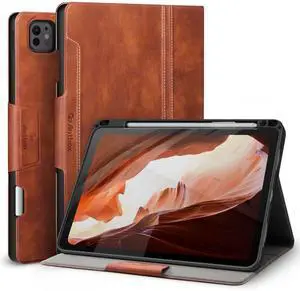 Antbox for iPad Pro 11 Inch Case (M4) 2024, Built-in Pencil Holder, Fully Supports Pencil Pro/USB-C, Auto Sleep/Wake Function Vegan Leather (Brown)