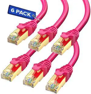 Cat7 Ethernet Cable 25 Feet  6 Pack High-Speed LAN Network Patch Cords, RJ45 Gold-Plated Connectors, 600MHz, 10Gbps  for Router, Modem, PC, Gaming, Streaming  Pink