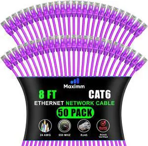 Maximm Cat 6 Ethernet Cable 8 Ft (50-Pack) - High-Speed LAN, Internet, Patch, and Network Cord - UTP, 10Gbps, 550MHz - Purple