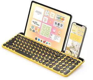 seenda Cute Wireless Bluetooth Keyboard, Dual Mode (Bluetooth + 2.4G) Round Key Typewriter Keyboard with Number Pad Integrated Stand (Yellow)