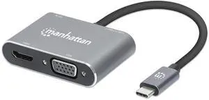 MANHATTAN USB C to 4K HDMI VGA Adapter  4 in 1 Multiport Docking Converter Hub, 4K@30Hz HDMI, 1080p@60Hz VGA, 5 Gbps USB-A, 87W USB-C PD 3 Yr Mfg Warranty  130691