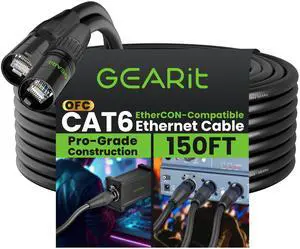 GEARit Shielded CAT6 Ethercon Cable (150 Feet) Professional Audio & Lighting RJ45 EtherCON-Compatible Cable for Studio, Stage, Concerts - 150ft Black