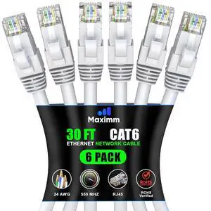 Maximm Cat 6 Ethernet Cable 30 ft (6-Pack) - High-Speed LAN Cable, Internet Cable, Patch Cable, and Network Cable - UTP, 10Gbps, 550MHz Ethernet Cord - White