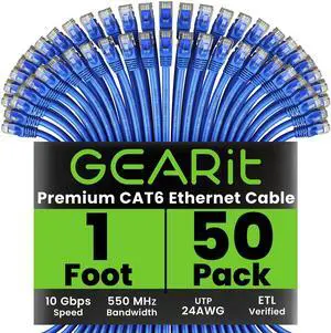 GEARit 50-Pack, Cat 6 Ethernet Cable Cat6 Snagless Patch 1 Foot - Snagless RJ45 Computer LAN Network Cord, Blue - Compatible with 5 Port Switch POE 5port Gigabit
