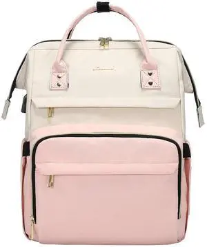 LOVEVOOK Laptop Backpack for Women Fashion Business Computer Backpacks Travel Bags Purse Doctor Nurse Work Backpack with USB Port, Fits 15.6-Inch Laptop Beige Pink