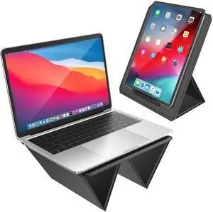 AboveTEK Ergonomic Laptop Stand & Tablet Holder for Desk,Portable Foldable Computer Riser,Adjustable Angle Travel Stand for MacBook Air/Pro,iPad,Fits 13-16 inch Devices,Ultra-Sleek PU Leather-(Black)