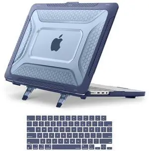 MOSISO Compatible with MacBook Pro 14 inch Case 2025, 2024-2021 M4 M3 M2 M1 A3112 A3185 A3401 A2918 A2992 A2779 A2442,Honeycomb TPU Bumper Hard Case with Fold Kickstand&Keyboard Skin, Navy Blue