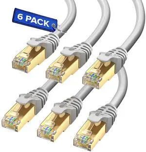 Cat7 Ethernet Cable 12 Feet  6 Pack High-Speed LAN Network Patch Cords, RJ45 Gold-Plated Connectors, 600MHz, 10Gbps  for Router, Modem, PC, Gaming, Streaming  Gray