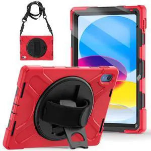 TSQQST Case for iPad 11th A16/10th Generation 2025 2022 with Screen Protector | Shockproof Rugged Silicone Sturdy Kids Case with Stand+Hand Strap for iPad 10th Gen-Red+Black