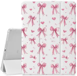 JOYLAND Girly Ribbon Bow Pattern Case for iPad Pro 12.9" 6th Generation 2022/5th Generation 2021, Pencil Holder & Clear Transparent Back & Trifold Smart Pad White Cover Scratchproof Case