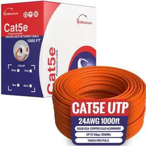 1000ft Cat5e Solid 24AWG Cable UTP Cat5 Bulk Pull Box Network Copper Clad Aluminum Wire (Unshielded (UTP), Orange)