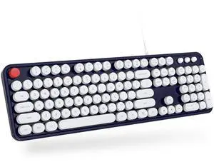 MOFII Computer Keyboard Wired, USB Plug Play Round Key Retro Typewriter Keyboard, Office Full Size Keyboard with Foldable Stands for Laptop PC Windows- Dark Blue