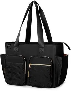 Prokva Teacher Tote with Laptop Compartment, Large Utility Bag for Women Work and Teacher Supplies, Black (Empty, Patent Design)