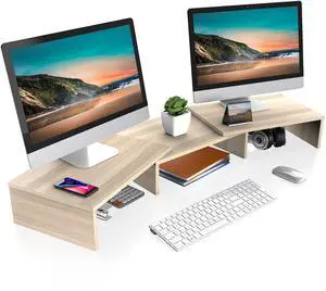 FITUEYES Dual Monitor Stand  3 Shelf Computer Monitor Riser, Wood Desktop Stand with Adjustable Length and Angle, Desk Accessories, Office Supplies Medium Oak, DT108006WO