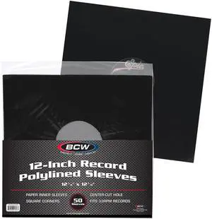BCW 12-Inch Vinyl LP Record Sleeves - 50 Pack | Black Polylined Inner Protective Sleeves with Center Hole for Vinyl Records | Acid-Free, Scratch Resistant | Ideal for DJs and Collectors