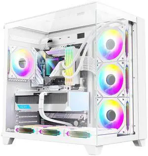 RUIX OV403 ATX Mid-Tower PC Case, Pre-Installed 4 x 120mm Prism ARGB PWM Fans and Graphics Card Holder, Three-Sided Tempered Glass Panels, USB 3.0 & Type-C Ports, Gaming Computer Case - White