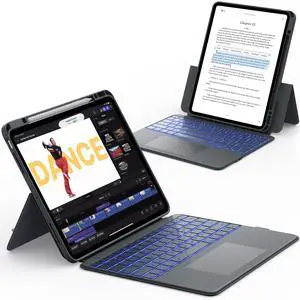 CHESONA Rugged for iPad Pro 13 (M4) 2024 Case with Keyboard, Magnetic Detachable Case & 7-Color Backlit, Smart Trackpad, 15°-180° Adjustable Stand, Portrait/Landscape, Grey