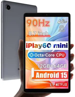 ALLDOCUBE Android 15 Tablet, 8.7" iPlay 60 Mini Tab, 90Hz Reflex, 400Nits, Octa-Core CPU, Widewine L1, Dual Speakers, 4000mAh, 4G LTE+2.4G/5G WiFi+BT 5.0, GPS, 800×1340HD, 12GB+64GB(512GB TF)