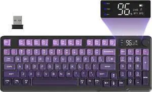 FREEWOLF M96 Wireless Gaming Keyboard Creamy Membrane with Rainbow Backlight,Media Knob,LCD Screen,Dual Mode-Bluetooth/2.4Ghz,Ball Shape PBT Keycap 94 Key ANSI Layout for Win Mac PC Gamer(Purple)