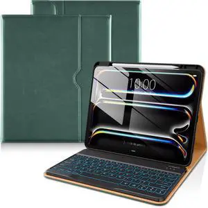 DTTO for iPad Pro 13 Inch Case 2024 with Keyboard (M4), 7 Colors Backlit Wireless Detachable Keyboard Premium Leather Folio Cover with Pencil Holder & Pocket, Midnight Green