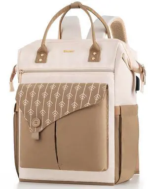 MOMUVO Laptop Backpack for Women with USB Port, Student Bookbag Water Resistant Backpacks Teacher Doctor Nurse Work Stylish Travel Bags, Fits 17-Inch Laptop Khaki Beige