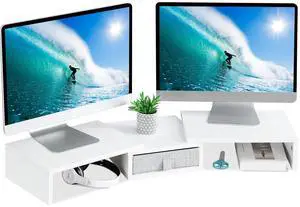 TEAMIX White Dual Monitor Stand Riser with Drawer - Length and Angle Adjustable Double Corner Desk Shelf Organizer 37 inch Long for 2 Laptop/PC/Screen/TV