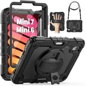 SEYMAC Case for iPad mini 7 (A17 Pro) 2024/ Mini 6 8.3, Full-Body Shockproof Protective Case with Screen Protector, 360° Rotating Stand, Hand/Shoulder Strap for iPad mini 7th/ 6th Generation, Black