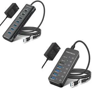 7-Port Hybrid Powered USB C Hub with 12V Adapter + 7-Port Hybrid Powered USB C Hub with 5V Adapter