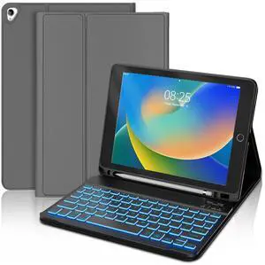BORIYUAN iPad 9th 2021/8th/7th Generation Keyboard Case, Detachable Bluetooth Keyboard with 7 Colors Backlit, Slim Folio Cover with Pencil Holder for iPad 10.2"/iPad Air 3rd Gen/iPad Pro 10.5" Grey