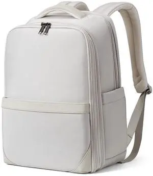 Hanke 16 Inch Expandable Travel Backpack for Women Men, Full Open Laptop Backpack with Luggage Strap, Business Work Backpacks Fits 15.6 Inch Laptop(Greyish White)