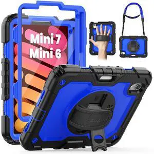 SEYMAC Case for iPad mini 7 (A17 Pro) 2024/ Mini 6 8.3, Full-Body Shockproof Protective Case with Screen Protector, Rotating Stand, Hand/Shoulder Strap for iPad mini 7th/ 6th Generation, Dark Blue