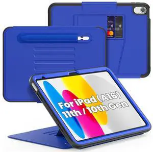 SEYMAC Case for iPad (A16) 11th/10th Generation (2025/2022) - Shockproof Protective, Multiple Angle Stand, Strong Magnetic, Auto Sleep with Pencil Holder/Card Slot, Blue