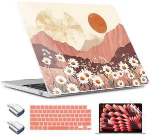 TWOLSKOO Compatible with M4 MacBook Air 15 inch Case 2025-2023 Released Model M4 A3241 M3 A3114 M2 A2941, Plastic Hard Shell & Screen Protector & Keyboard Cover & Type C Adapter, Mountains & Daisies