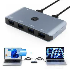 USB Data Transfer KVM Switch, Direct Transfer Data Between 2 Computers with Sharing 4 USB, Compatible with Windows 11/10/7, Mac OS