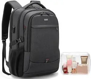 DUSLANG 17 Inch Laptop Backpack for Travel Water Resistant College Backpack for Men/Women Laptop Bag with USB Charging Port and clear Cosmetic Toiletry Bag, Black
