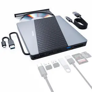 Unitek External CD DVD Drive USB C 6-in-1 Portable DVD Player with Card Reader 3 USB Ports CD Burner External Disk Drive Optical Compatible with Laptop Desktop Mac Windows 11/10/8/7 Linux OS