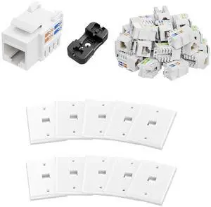iwillink 25 Pack White Cat6 RJ45 Keystone Jacks with Punch-Down Stand and 10 Pack 1-Port Keystone Wall Plates