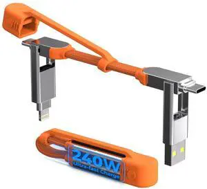 Rolling Square inCharge XS - 240W 4in1 Keyring Cable | Fast Charging & Data Transfer | Universal USB C/Lightning/USB Cable with Metal Housing | N52 Magnets | Eco-Friendly | Orange