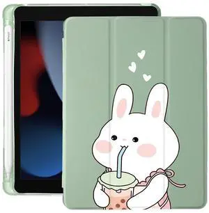Cute Cartoon Bunny for iPad Air5/Air4 Case with Pencil Holder, Auto Sleep/Wake, Green Leather Soft TPU Back Cover for iPad 10.9 Inch 2022/2020