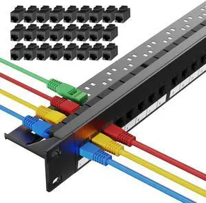 LEENUE 24 Port Keystone Patch Panel with 25 Pack Gold-Plated CAT6 Keystone Couplers, 10Gbps, 1U Cat6 Patch Panel with Detachable Cable Management Bar for Wall Mounted and Home Networking