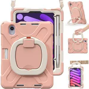 BRAECN Case for iPad mini 7 (A17 Pro) 8.3 Inch, iPad mini 6th Generation Case, Silicone Heavy Duty Protective Cover w/Screen Protector, Shoulder Strap, Pencil Holder, Swivel Handle Grip, Rose Gold