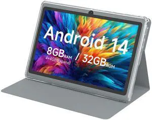 HOTTABLET Tablet 7Inch Android 14.0 with Protective Case, 8GB(4+4GB Expand) RAM+ 32GB ROM, IPS Screen, Dual Camera, Bluetooth 5.0 WiFi Tab (Gray)