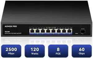 9 Port 2.5G PoE Switch,AUMOX PRO 8 Port 2.5G Network Unmanaged Switch with 1x10G SFP Gigabit Ethernet Unmanaged PoE Switch 120W,Compatible with 100/1000/2500Mbps for AP, NAS, PC Plug and Play