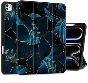 DONGKE for iPad Pro 13 inch M4 Case 2024 - [Built-in Pencil Holder Supports Pencil Pro and Pencil USB-C] Ultra Thin Soft TPU Back Cover with Trifold Stand Support Auto Wake/Sleep - Blue Lilies